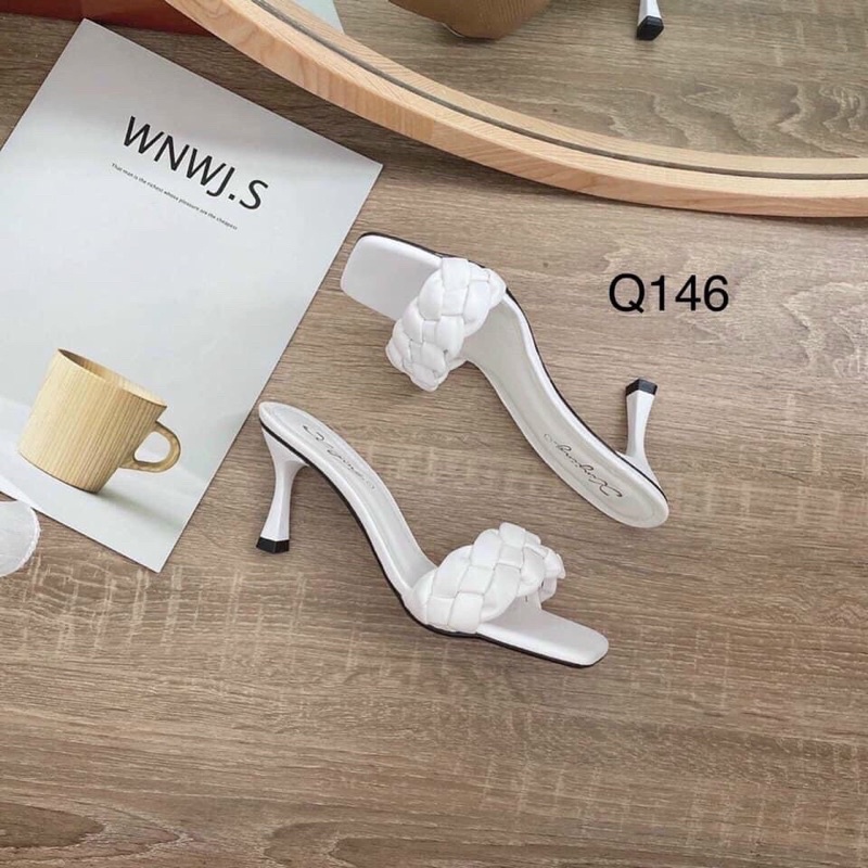 Guốc lê nữ quai tết cao gót 6cm xoắn bện thừng đan bính phồng mũi vuông ộm chân hot trend sang chảnh đẹp