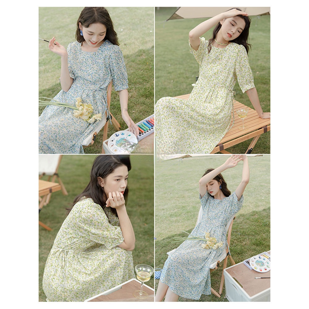 Đầm Voan Hoa Nhỏ Thắt Dây Eo Màu Vàng Thời Trang Mùa Hè Hàng Mới 2022