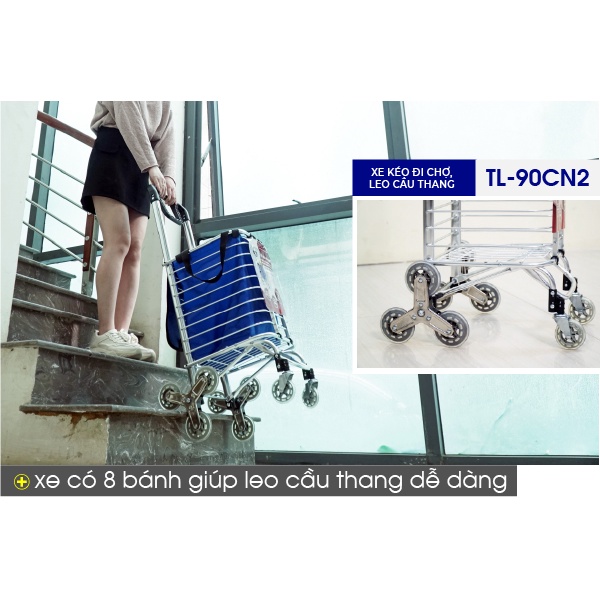 Xe kéo hàng đi chợ siêu thị leo cầu thang 8 bánh gấp gọn có giỏ Advindeq TL-90CN, xe đẩy xếp gọn đa năng,bảo hành 1 năm