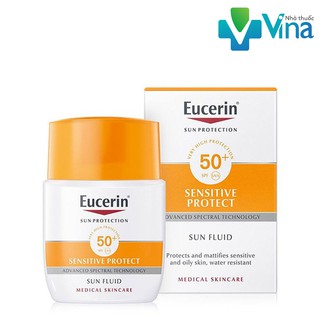 Kem chống nắng Eucerin Sun Fluid Mattifying SPF 50+ không gây nhờn rít cho da thường và da hỗn hợp