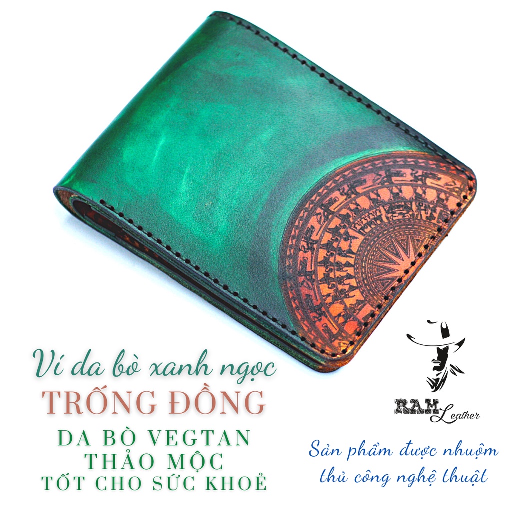 Ví nam nữ RAM Leather trống đồng Việt Nam xanh ngọc (trống vàng) da bò Italia Vegtan handmade cao cấp dáng ngang