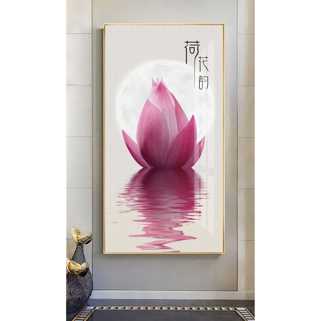 Tranh canvas treo tường hoa sen thư pháp trang nhã sang trọng LIN348 - 40 x 75 cm