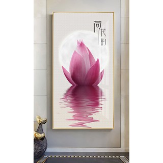 Tranh canvas treo tường hoa sen thư pháp trang nhã sang trọng LIN348 - 40 x 75 cm