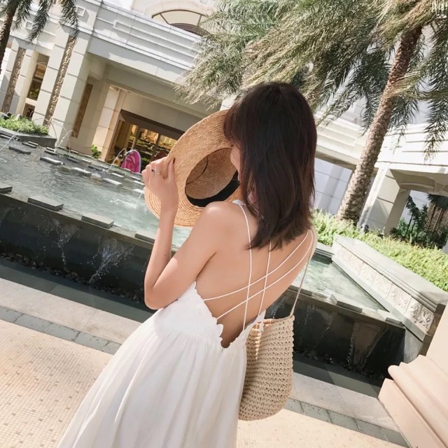 (Ảnh thật)(sẵn XL) Váy maxi trắng hở lưng phối ren sexy cổ V mang đi du lịch, chụp ảnh cưới