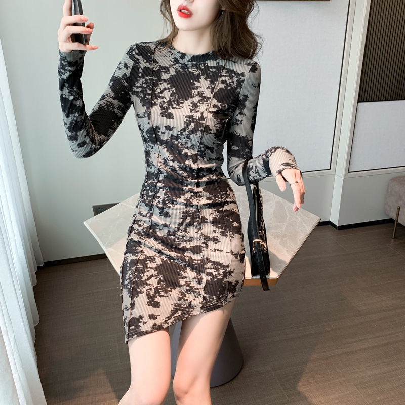 COZOK Đầm Tay Dài Dáng Ôm Thiết Kế Lệch Tà Cá Tính