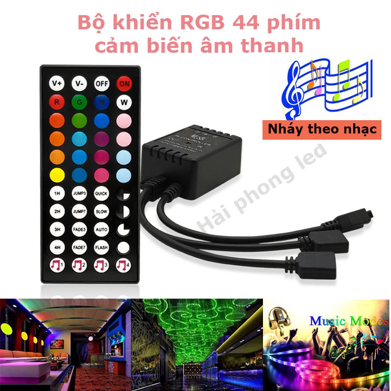 [ 44 phím ] Bộ Remote Điều Khiển Led RGB IR44 Cảm Biến Thu Âm Thanh Nháy Theo Nhạc 2 đầu ra