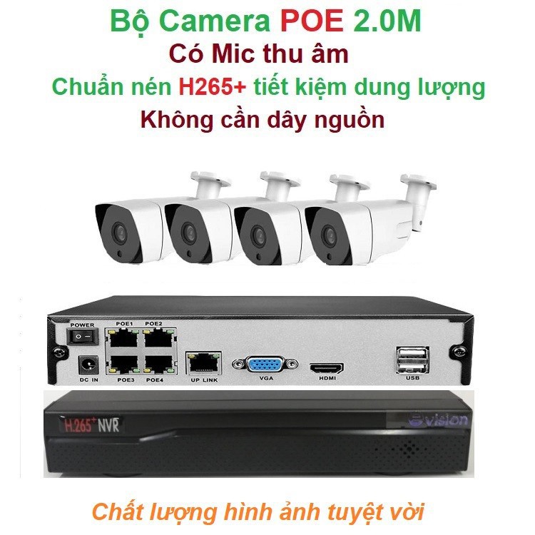 Bộ Đầu Ghi + Mắt Camera IP POE, Hỗ Trợ Thu Âm, Chuẩn Nén H265 , Hồng Ngoại Soi Đêm Siêu Nét  ,Camera Chống Trộm