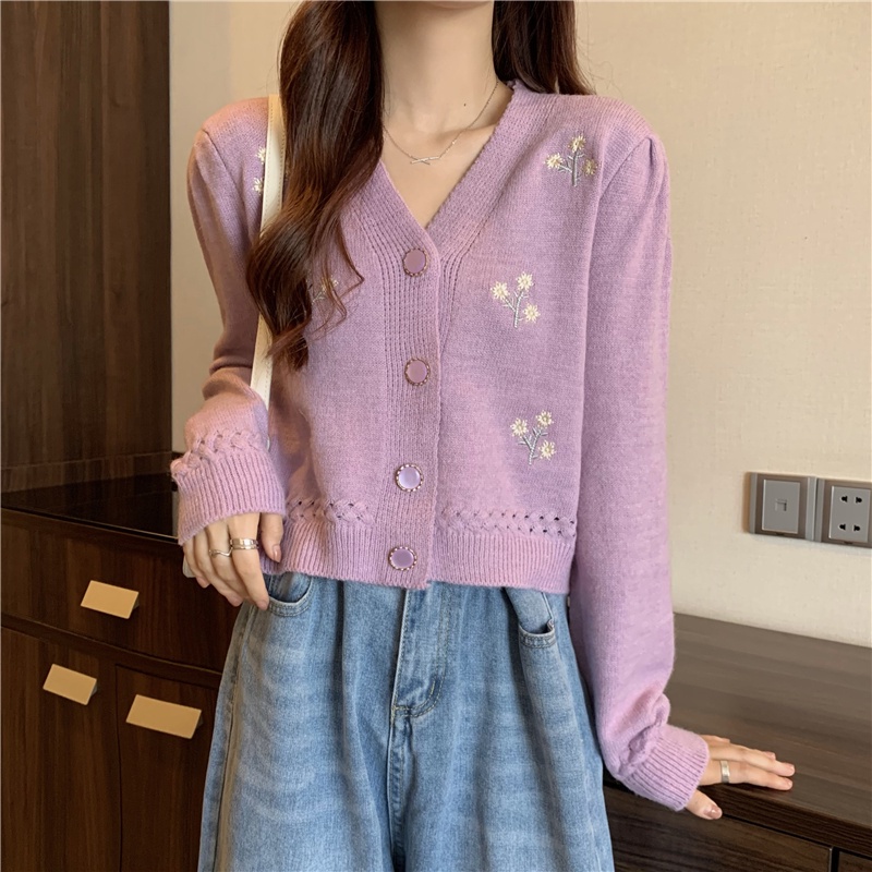 Áo Sweater Tay Dài Thêu Họa Tiết Xinh Xắn Phong Cách Hàn Quốc