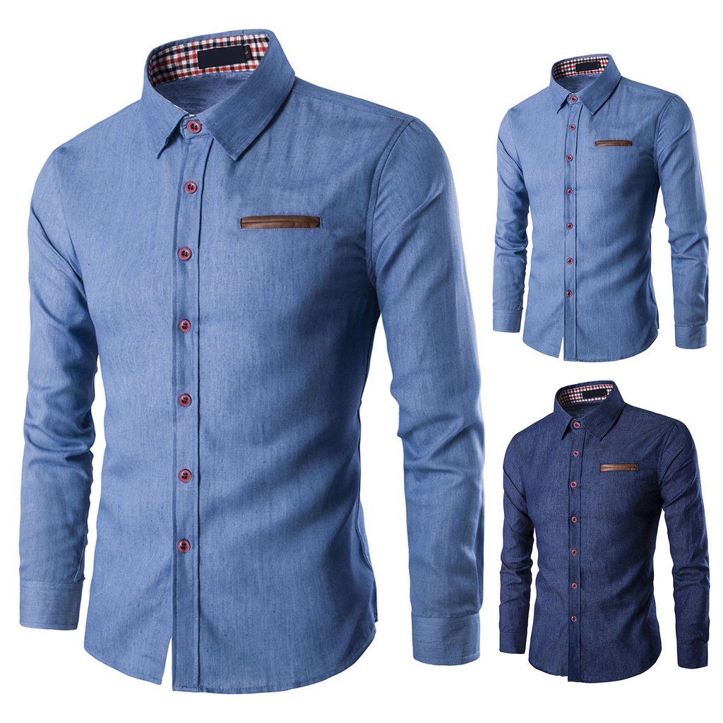 Áo Sơ Mi Jean Ôm Dáng Ghép Vải Một Hàng Nút Màu Trơn Thời Trang Xuân Thu Cho Nam Văn Phòng