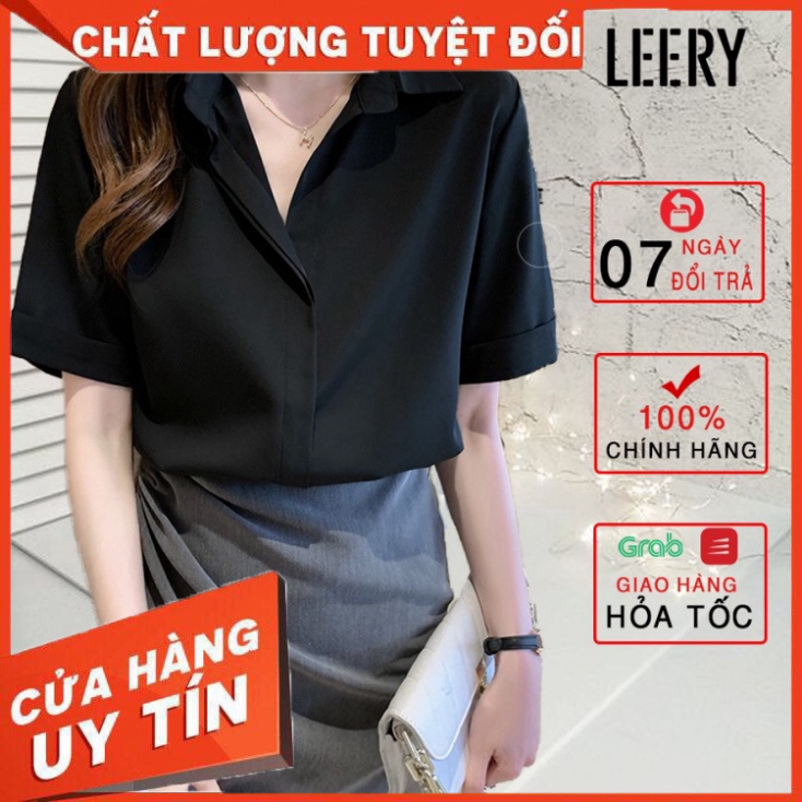 Áo sơ mi nữ đẹp tay ngắn công sở màu Đen Trắng Xanh Be kiểu Hàn Quốc form rộng chất lụa cao cấp LEERY SM-02 - Hàng nhập