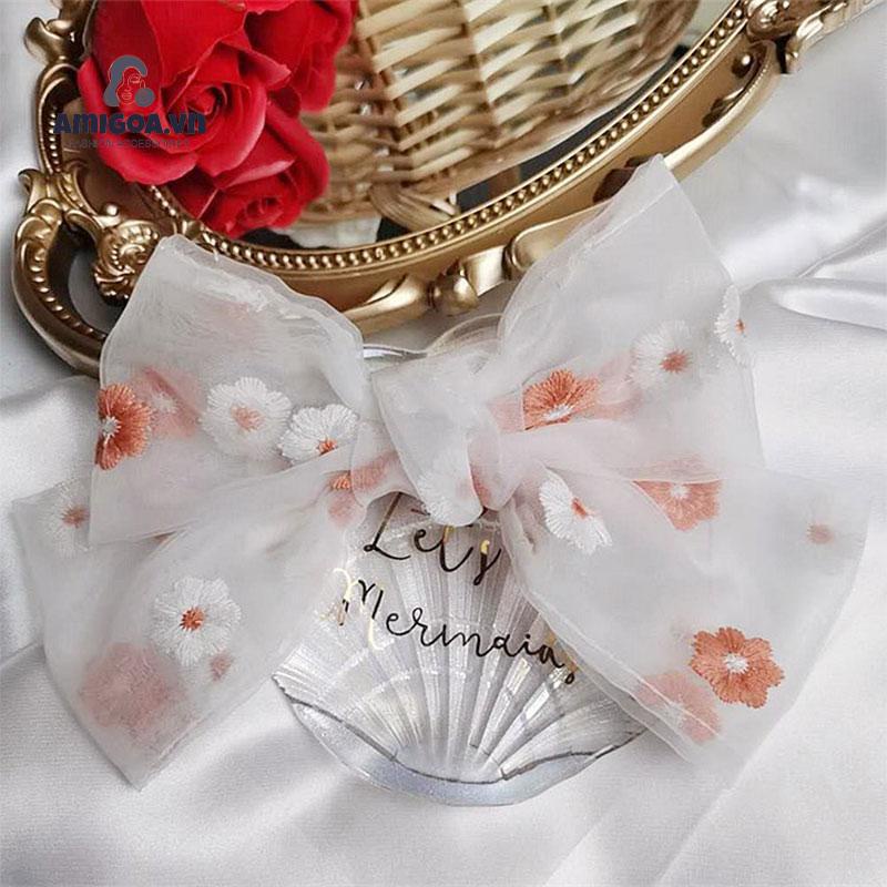 Dây Buộc Tóc Thắt Nơ Thêu Họa Tiết Hoa Cúc Xinh Xắn Thời Trang