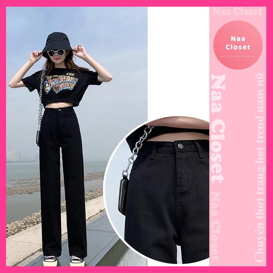 Quần jean bò ống rộng quần jean bò ống suông jeans nữ cạp cao màu đen hot 2022 Naacloset