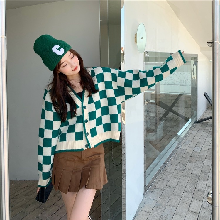 ZHELIHANGFEI Áo khoác cardigan len nữ dài tay kiểu hàn họa tiết kẻ caro phối màu đẹp dễ thương