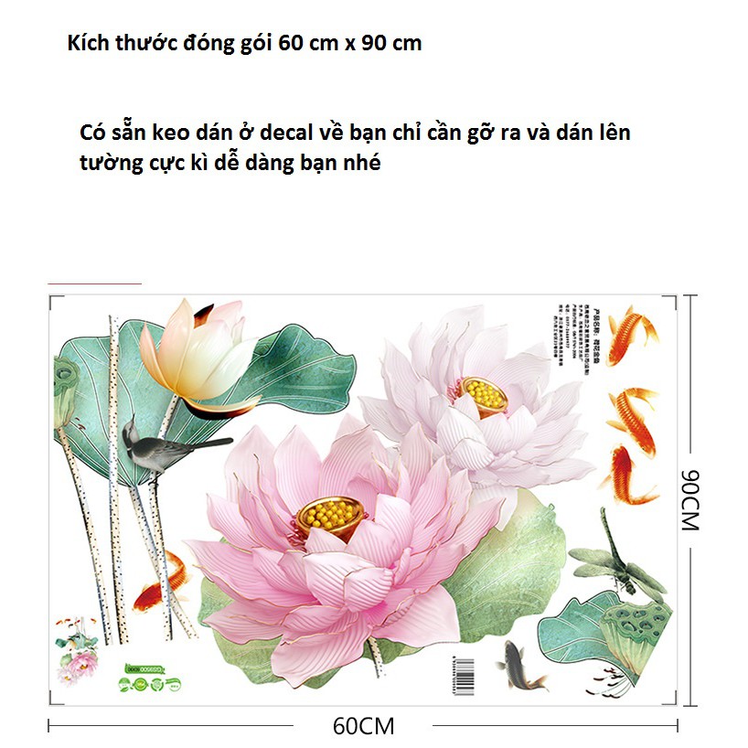 Decal dán tường hoa sen cá chép size lớn sang trọng kiểu mới