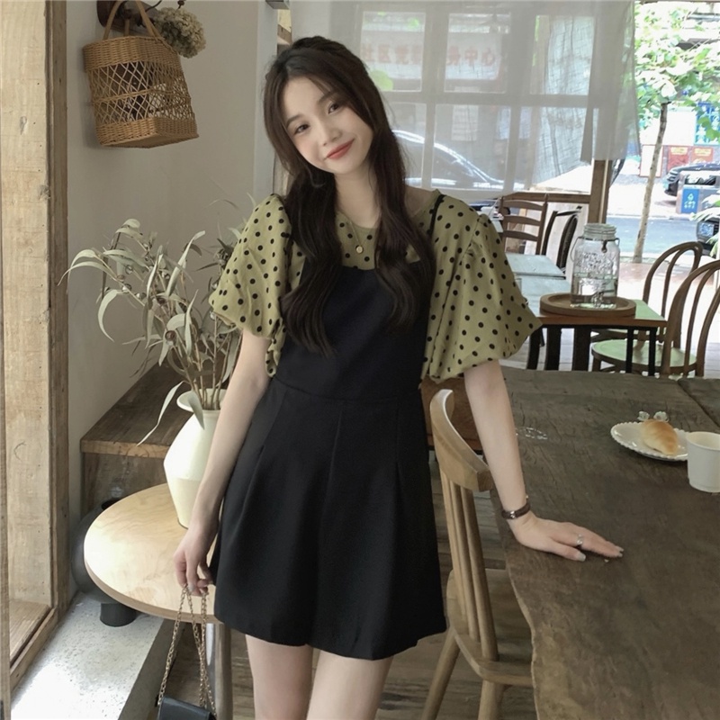 Bộ Áo Liền Quần Tay Phồng Họa Tiết Chấm Bi 53130 Phong Cách Retro Pháp Thời Trang Cho Nữ