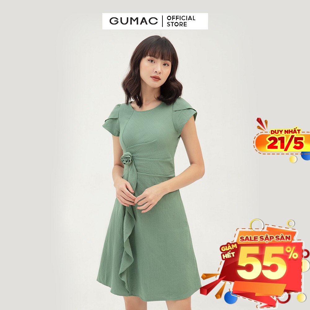 [Mã MABR07062 giảm 8% tối đa 50K đơn từ 249K] Đầm xòe nữ xếp eo phối hoa GUMAC màu xanh trơn, đủ size DB318 | BigBuy360 - bigbuy360.vn
