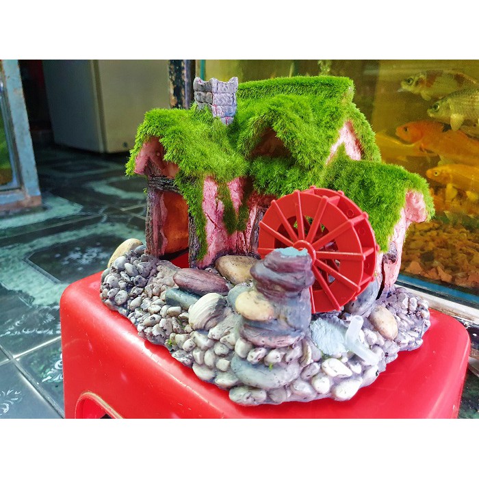 CẢNH NHÀ CÓ BÁNH QUAY TRANG TRÍ HỒ CÁ NON BỘ 20X17X16CM