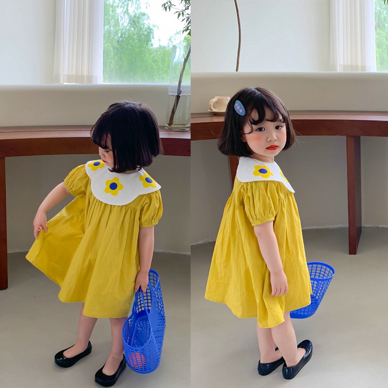 Đầm Công Chúa Tay Phồng Cổ Bẻ In Họa Tiết Hoa Dễ Thương Thời Trang Mùa Hè Cho Bé Gái