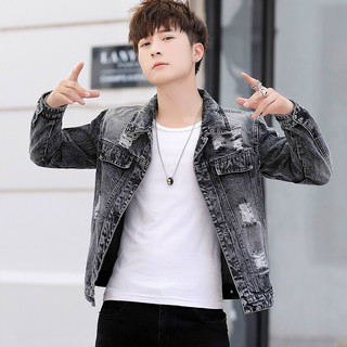 Áo khoác jean nam dài tay cổ bẻ màu xám bạc cao cấp Hàn Quốc | Áo khoát jeans nam thời trang siêu hot