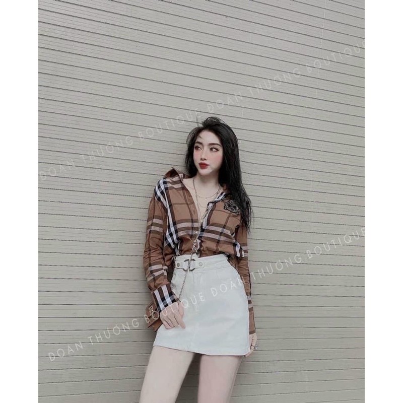 Áo sơ mi kẻ dài tay nâu tây