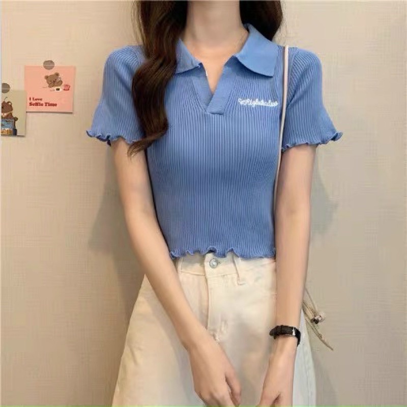 Áo len nữ cổ bẻ chữ kí, chất len mỏng Mongtoghi