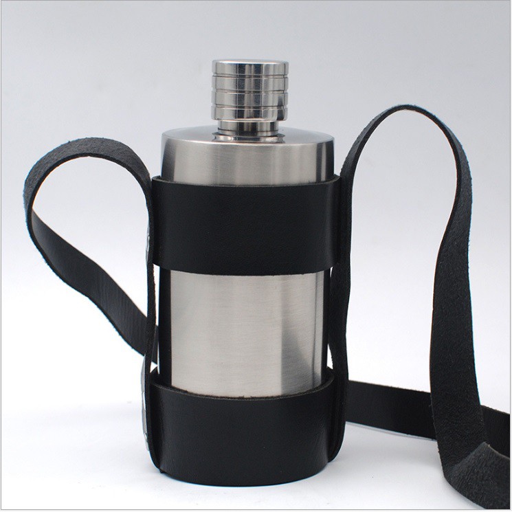 Bình đựng rươu inox 304 hình trụ 0,5 - 1 lít kèm bao da