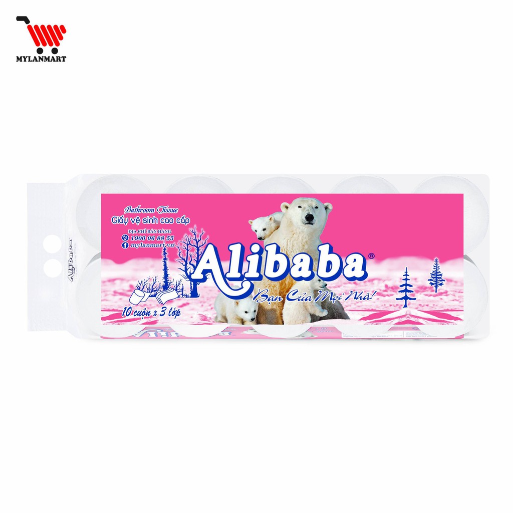 Giấy Vệ Sinh Alibaba Gấu Hồng 4 Lớp (10 Cuộn/1.7kg/ Xách) siêu dai, mềm mịn, tan nhanh trong nước