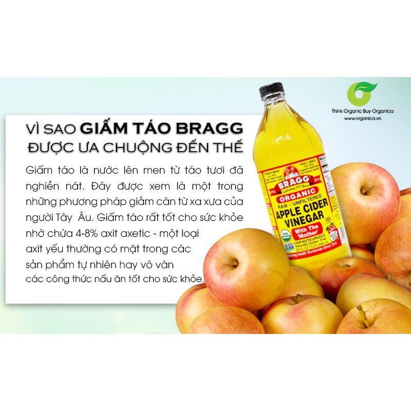 [Mã 66FMCGSALE hoàn 8% đơn 500K] Giấm Táo hữu cơ Bragg - Bragg Apple Cider Vinegar 946ml