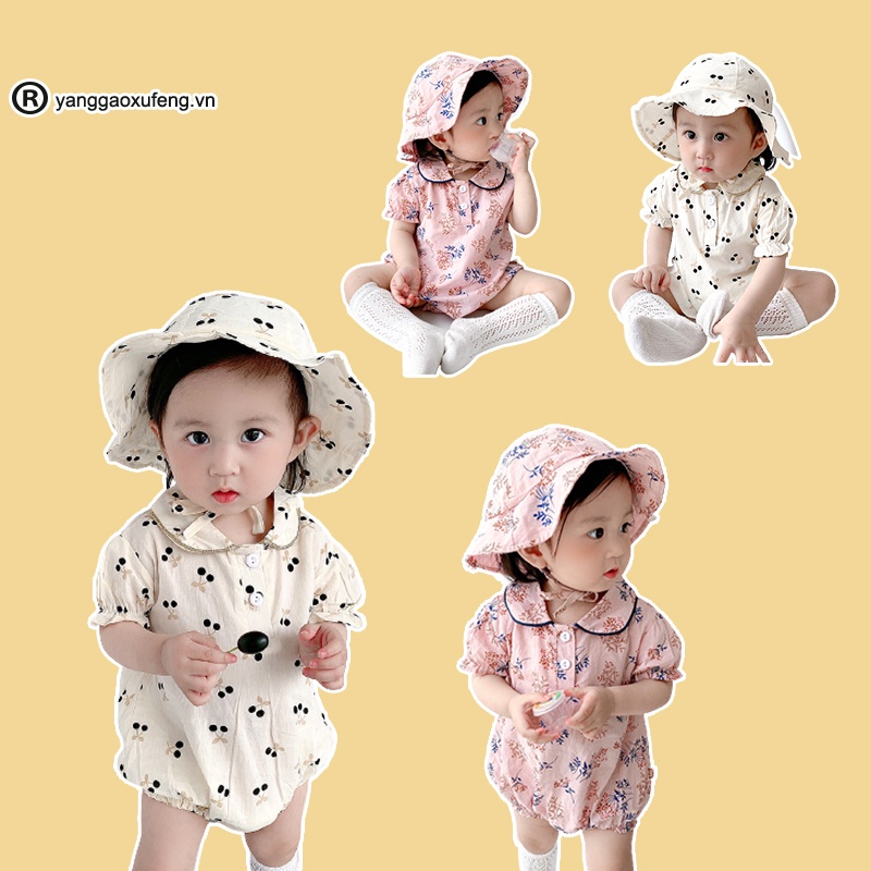 Bộ Áo Liền Quần Tay Ngắn In Hình Quả Cherry + Mũ Dễ Thương Cho Bé Gái Sơ Sinh