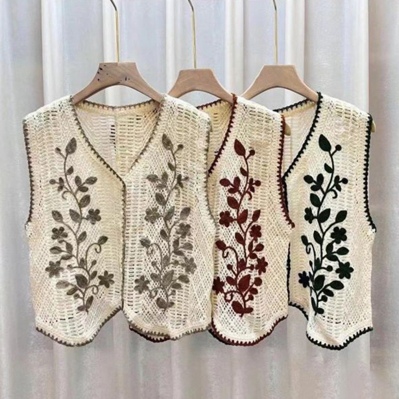 Áo Croptop Dệt Kim Không Tay Cổ Chữ V Dáng Rộng Thêu Hoa Phối Nút Thời Trang Cho Nữ