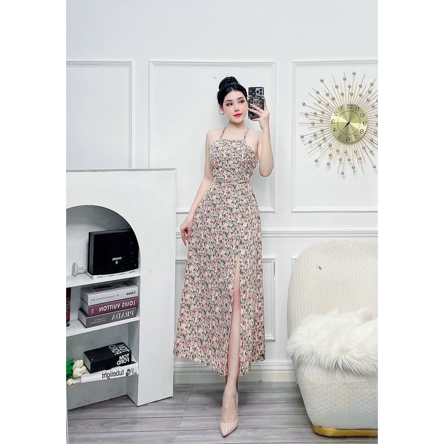 Đầm maxi hoa đi biển cổ yếm hở lưng đan dây siêu đẹp quyến rũ hình thật