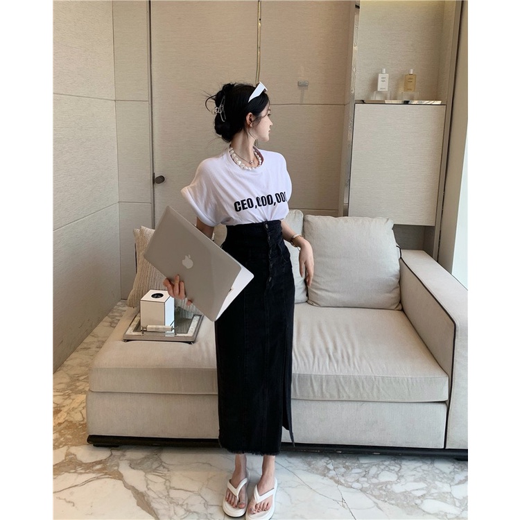 Set Áo Thun Chân Váy Nút Xẻ Dài