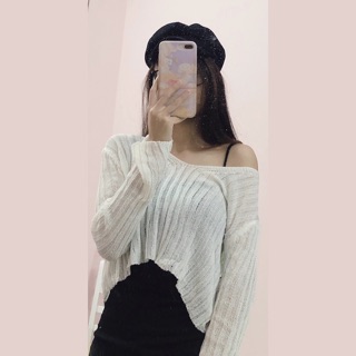 Áo len lưới cổ tim dáng ngắn