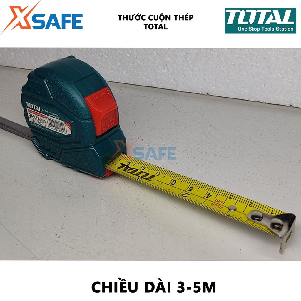 Thước cuộn thép nền vàng TOTAL Thước kéo dài 3-5m, bề rộng lá thước 16-25mm, dây thước thép dẻo cao cấp - [XSAFE]