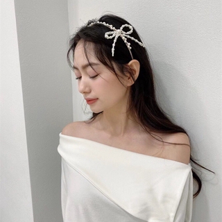 Băng Đô Cài Tóc Hình Nơ Đính Đá Ngọc Trai Phong Cách Hàn Quốc Cho Nữ