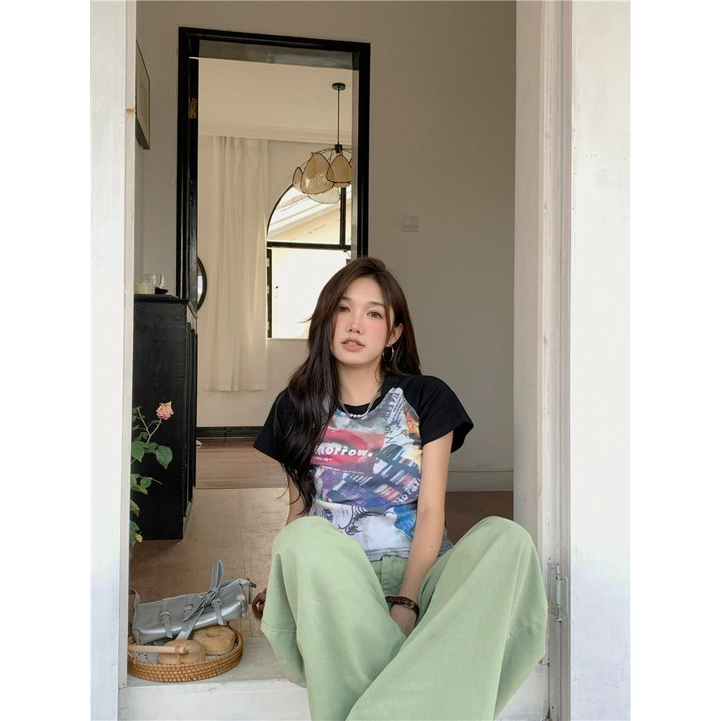 64042 Áo Thun Cotton Tay Ngắn Raglan In Trừu Tượng Phong Cách Mới