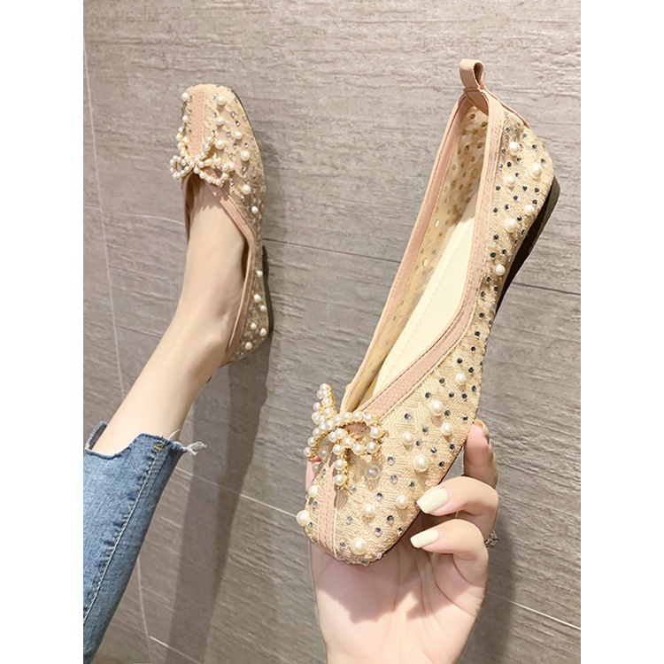 2021 New Soft Sole Square Closed Toe Flat Shoes Popular Bow Tie Pearl Slip on Loafers