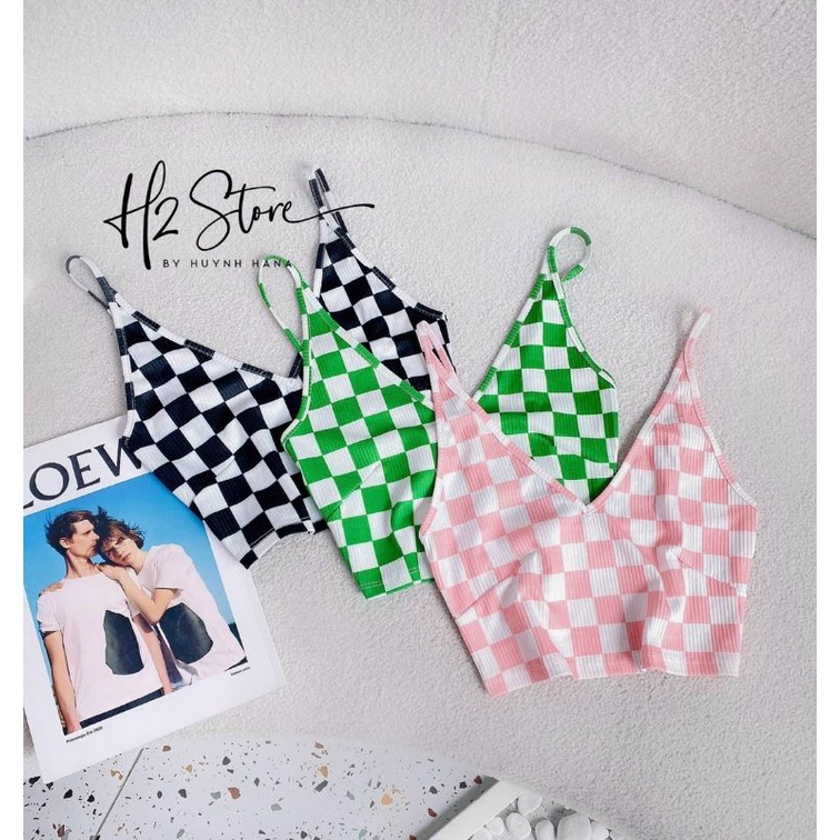 Áo 2 dây cổ tim kẻ sọc caro  CROPTOP PC