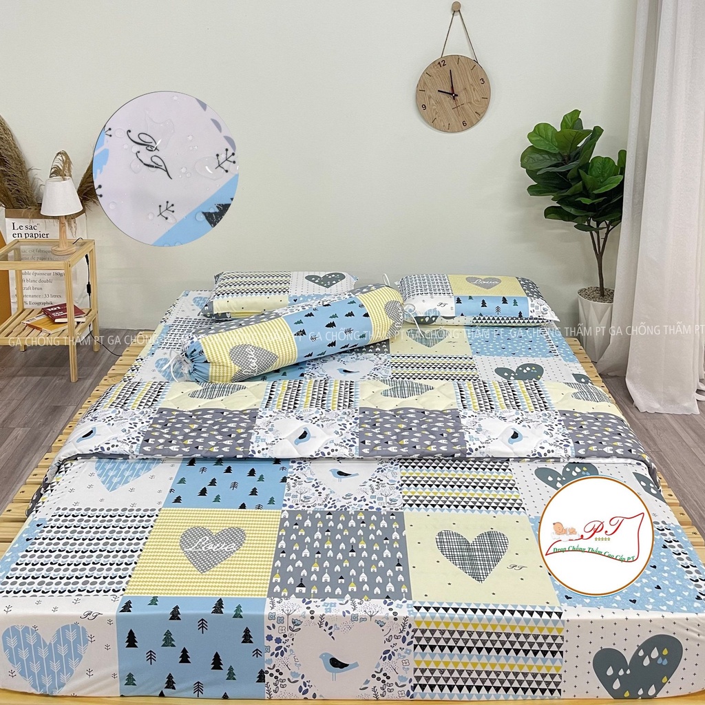 Bộ ga chống thấm cotton cho bé, drap chống thấm nước cao cấp kèm vỏ gối đầu và vỏ gối ôm mềm mịn mát (mẫu love xanh)