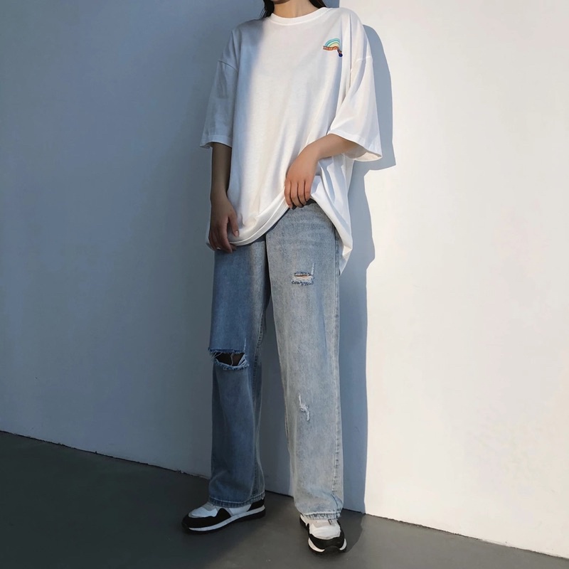 QUẦN BAGGY JEANS ỐNG RỘNG RÁCH DÁNG ĐỨNG PHONG CÁCH HÀN QUỐC-QJR022-THỜI TRANG UNISEX-Dể phối đồ rách gói màu xanh bạc