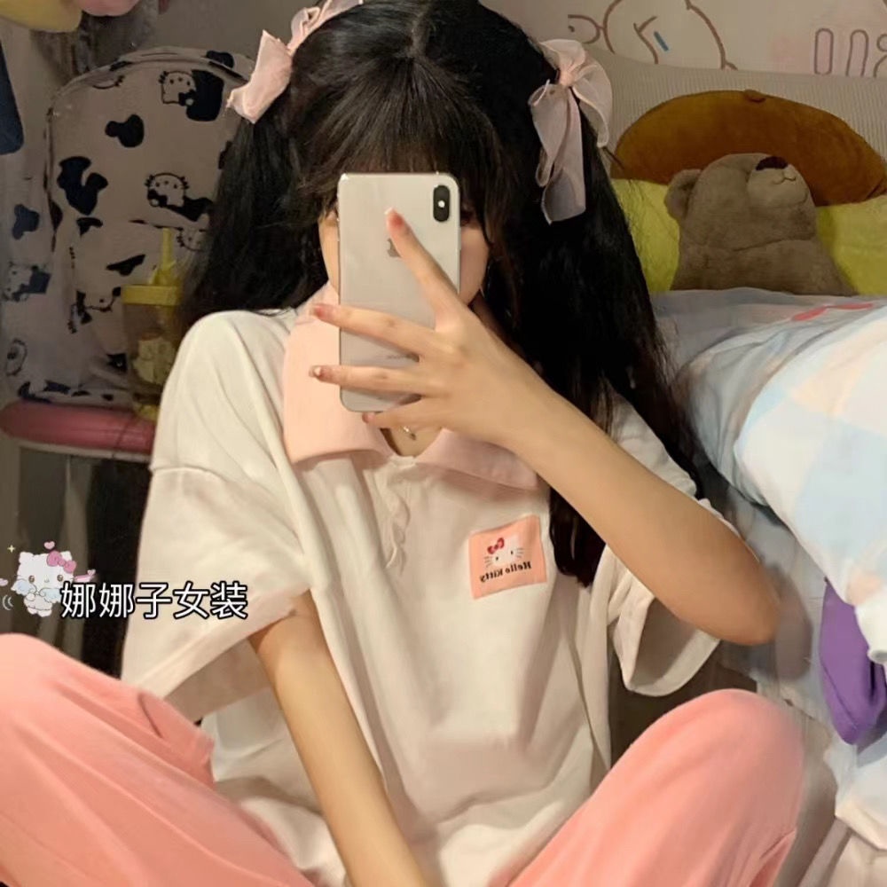 ✪Áo Thun Nhật Bản✪Áo Thun polo Tay Ngắn Dáng Rộng Mềm Mại In Họa Tiết Hello Kitty Phong Cách Nhật Bản Thời Trang Mùa Hè Cho Nữ