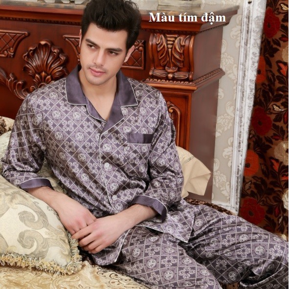 Bộ pyjama nam dài tay phối họa tiết nổi bật vải lụa satin mềm mại, thoáng mát NG057 - Thời Trang Dương