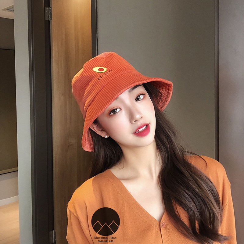 Mũ, nón bucket Ulzzang thêu hình quả bơ phủ nhung gân dày dặn cao cấp