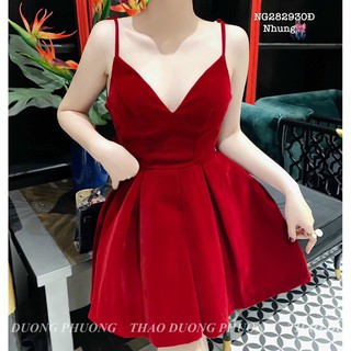 váy đầm nhung 2 dây quyến rũ váy đầm nhung xòe tiểu thư sang chảnh