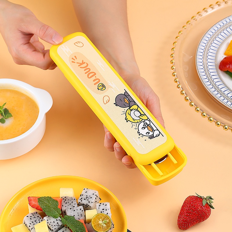 Vịt vàng mới Bộ muỗng đũa nĩa inox cá nhân văn phòng du lịch dễ thương kèm hộp ChiChi