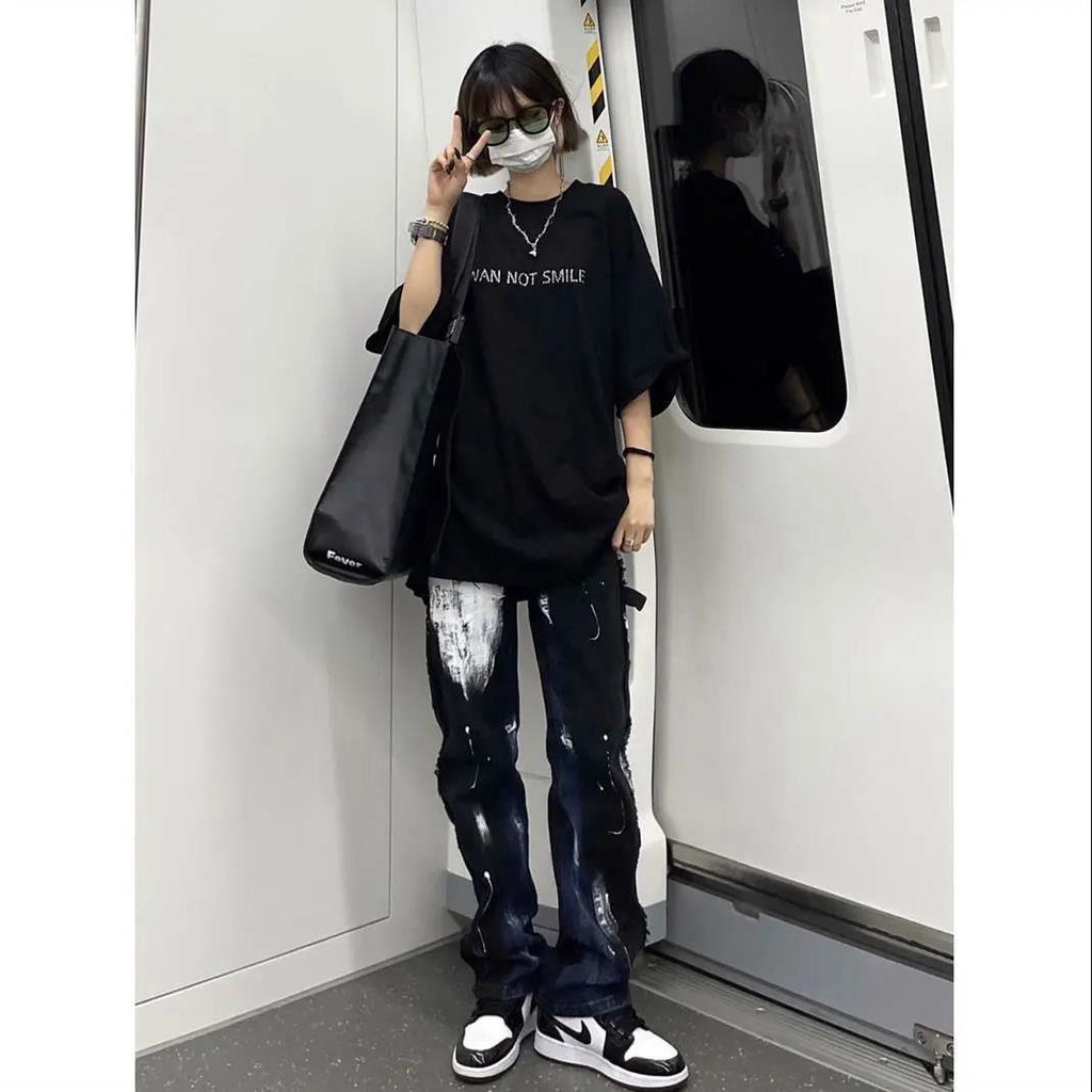 Quần Jean Lưng Cao Ống Rộng Cá Tính Dành Cho Nữ