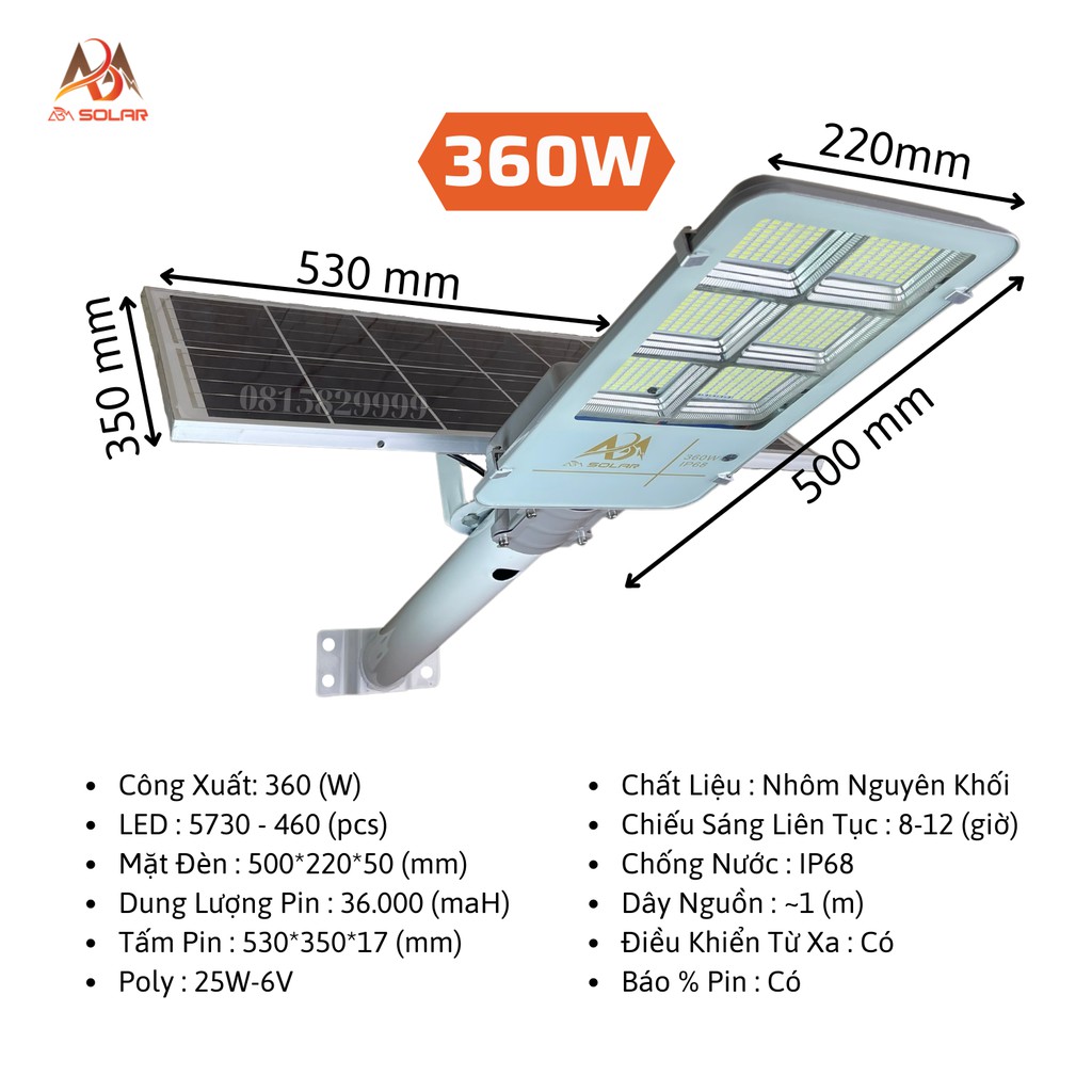 [480W] Đèn Năng Lượng Mặt Trời 360W - 100W , Đèn Đường , Sân Vườn . Tấm Pin Năng Lượng Rời  , IP68 Chống Nước  ABM Solar