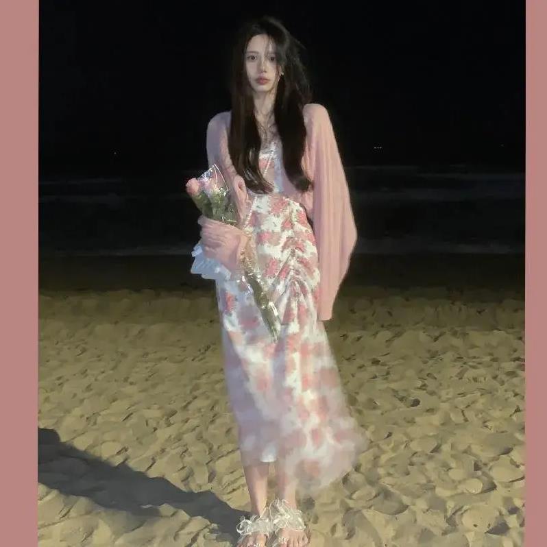 Bộ Áo sweater Dệt Kim Dáng Ôm Phối Chân Váy Yếm Dài Ôm Eo Dễ Thương Cho Nữ