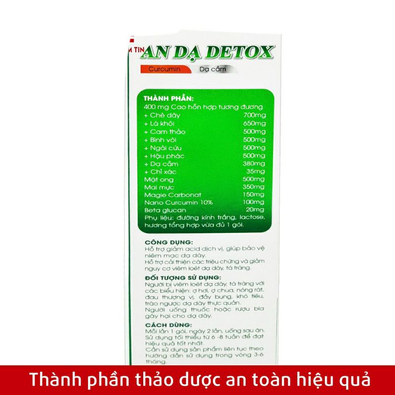 AN DẠ DETOX - CURCUMIN - DẠ CẦM - Hỗ trợ giảm acid dịch vị ,viêm loét dạ dày tá tràng - Hộp 20 gói