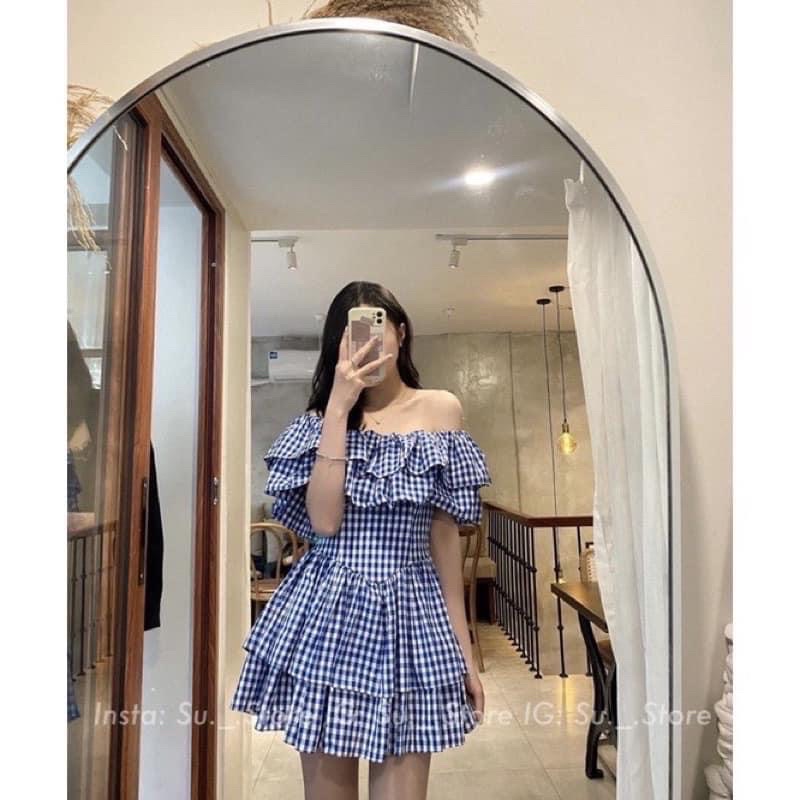 Đầm - Váy trễ vai kẻ xanh xếp bèo 2 tầng Ulzzang